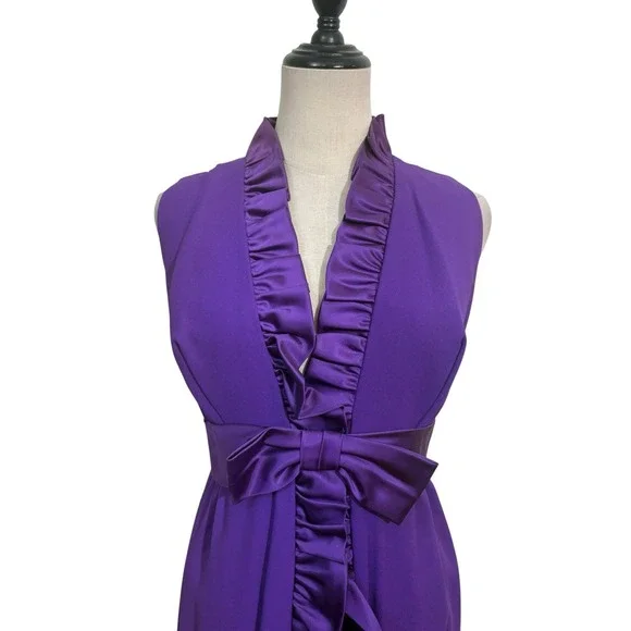 Vtg 70s Purple Ruffle Maxi Dress High Slit Hot Shorts Disco Formal 30" W Event - Picture 2 of 10